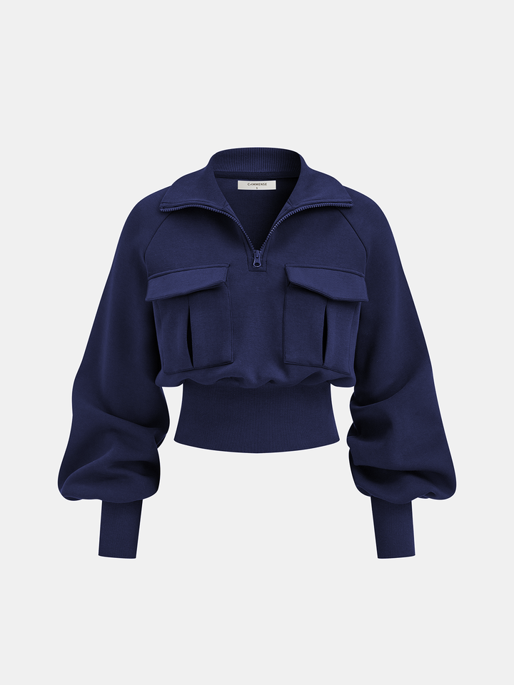 Turtleneck Half-Zip Cinched Waist Knit Top | COMMENSE