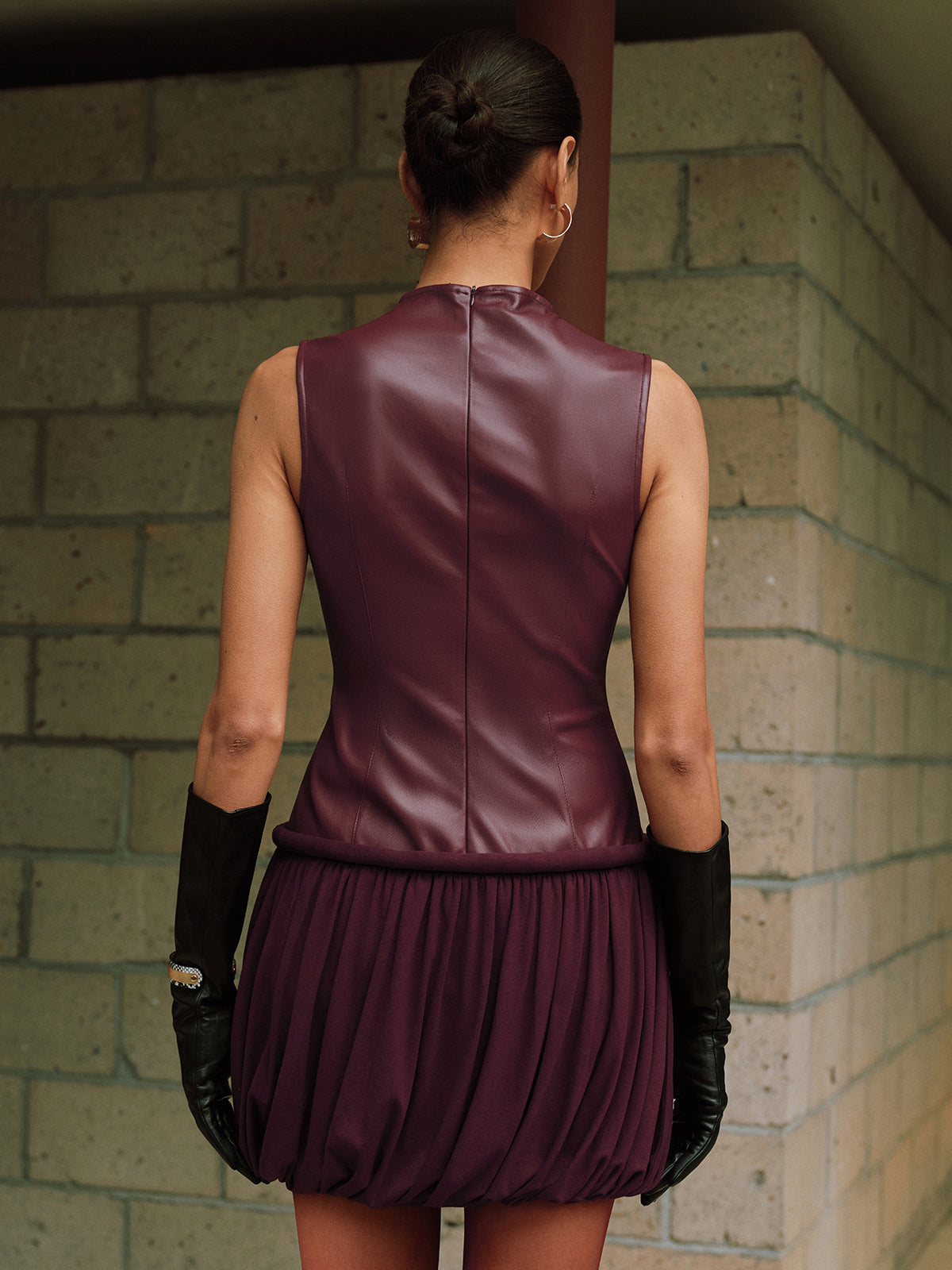 Faux leather mock neck bubble mini dress - Burgundy - L Faux leather mock neck bubble mini dress - Burgundy - L