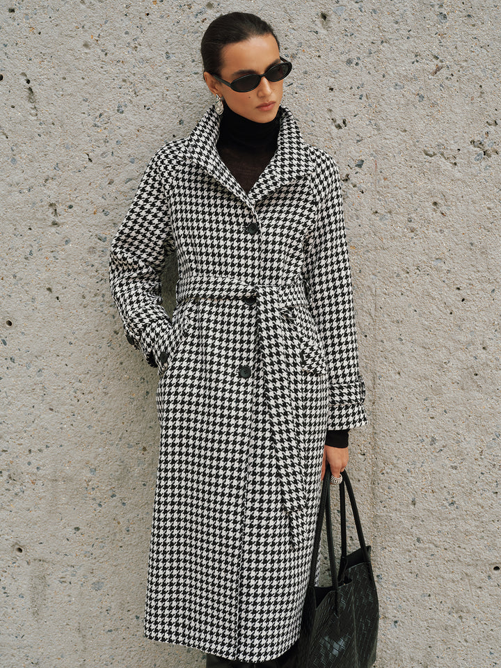 Belted Tweed Houndstooth Long Trench Coat | COMMENSE