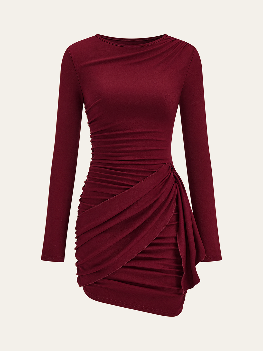 cream woven ruched cup detail long sleeve bodycon dress Ruched long sleeve bodycon dress - Brown