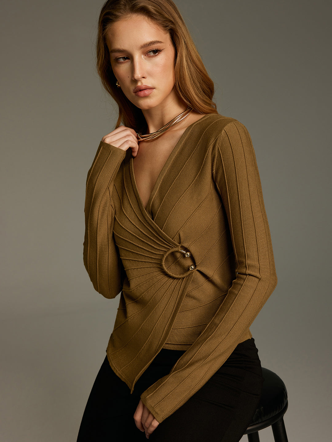 Metal Detail Asymmetric Wrap Knit Top | COMMENSE