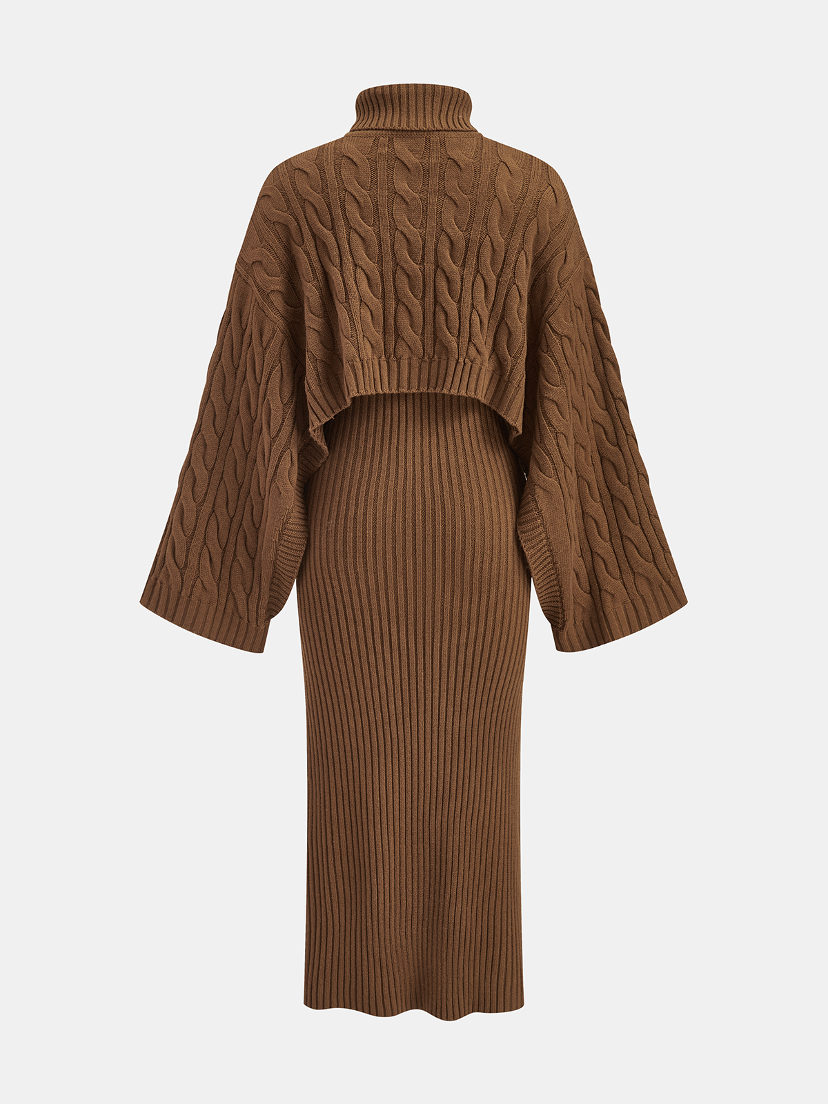 Cable-knit sweater & cami knit dress two-piece set - Dark Brown - L Cable-knit sweater & cami knit dress two-piece set - Dark Brown - L