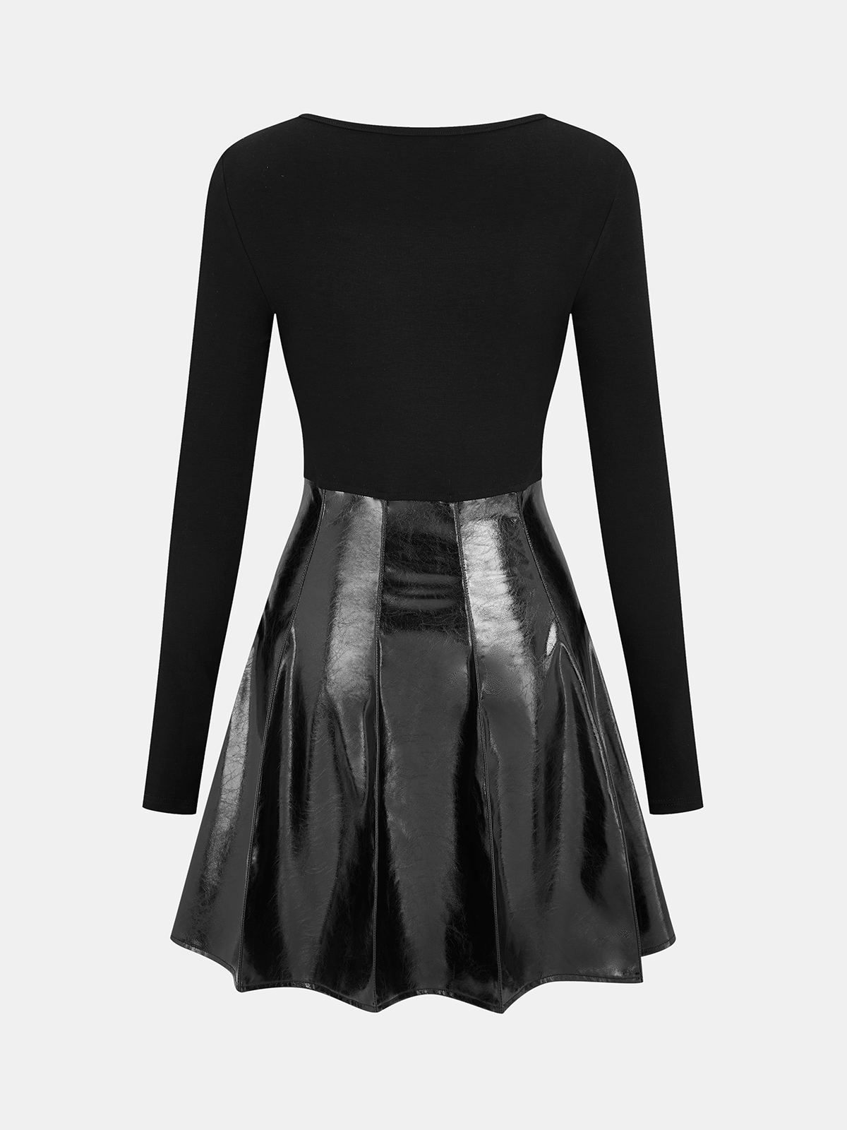 Pleated Faux Leather Panel Long-Sleeve Dress - Black - XL Pleated Faux Leather Panel Long-Sleeve Dress - Black - XL
