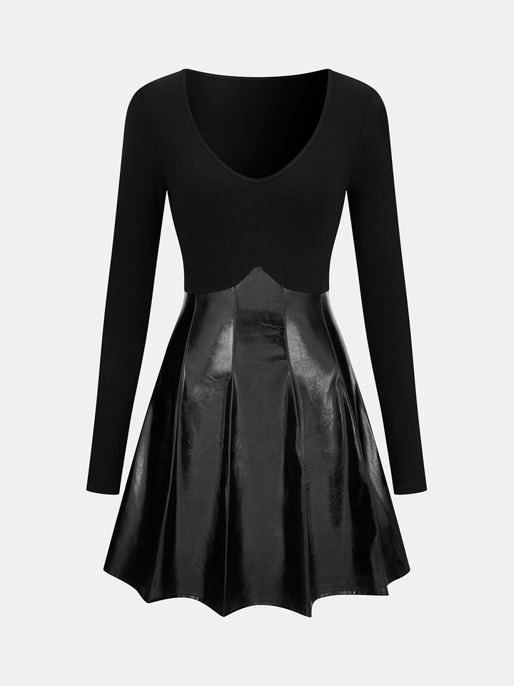 Pleated Faux Leather Panel Long-Sleeve Dress - Black
