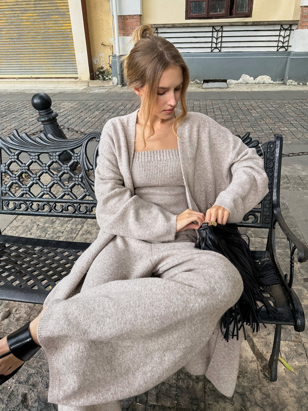 Three-Piece Knit Bustier Cardigan Pants Set | COMMENSE