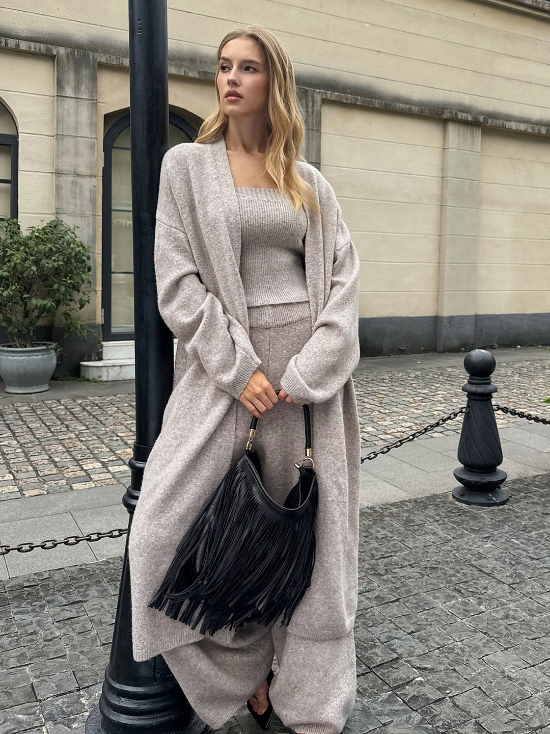 Three-Piece Knit Bustier Cardigan Pants Set | COMMENSE