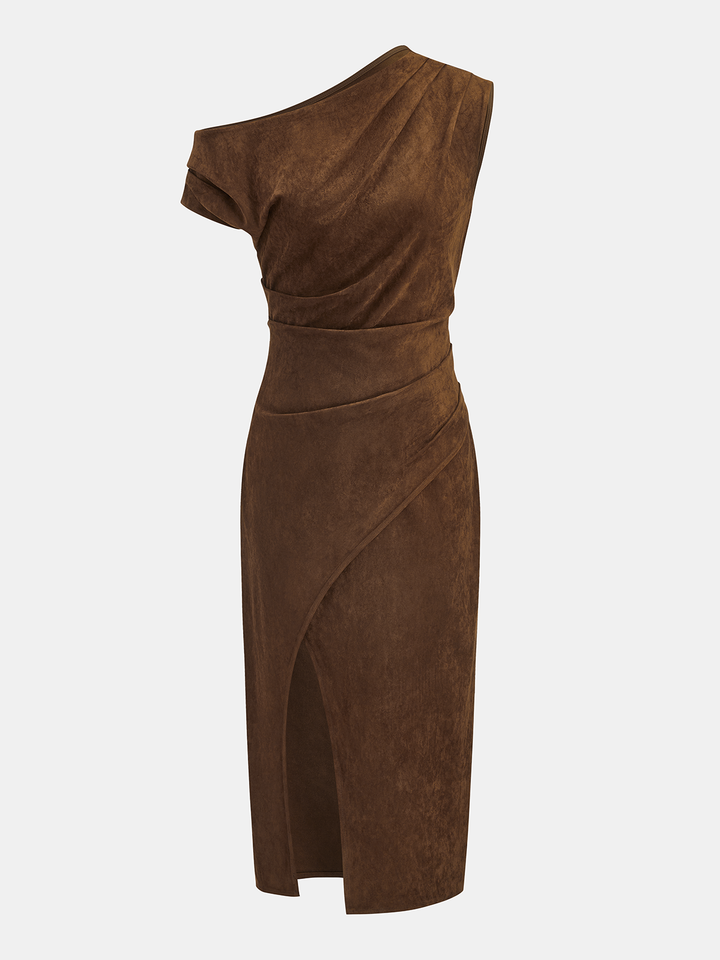 one shoulder suede dress Suede Effect One-Shoulder Ruched Midi Dress