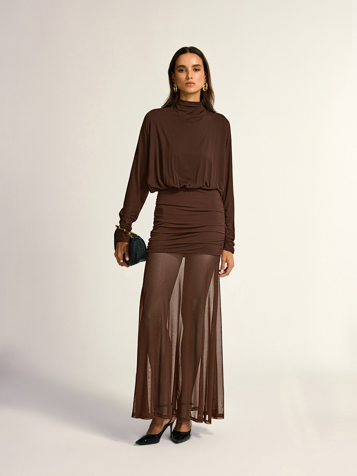 Turtleneck long sleeve drape ruched mesh dress - Red - S Turtleneck long sleeve drape ruched mesh dress - Red - S