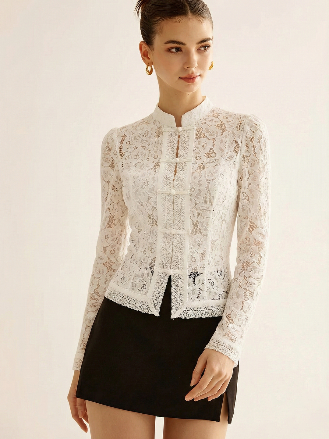 Frog Closure Lace Mandarin Collar Blouse | COMMENSE