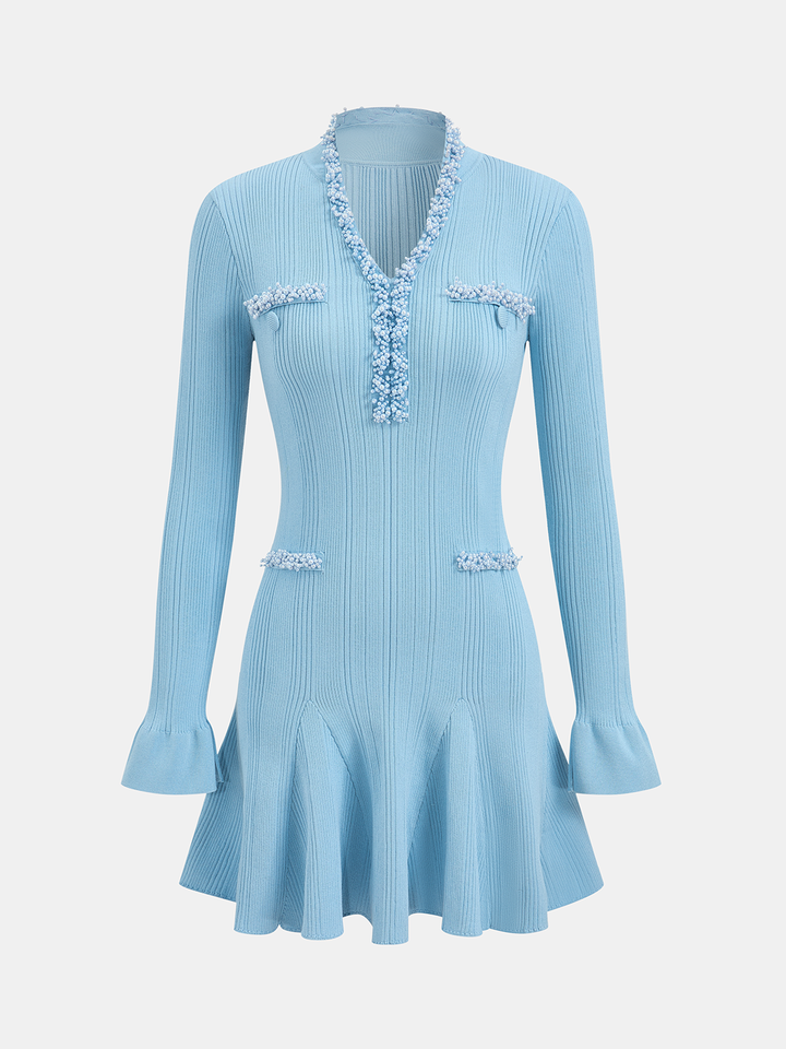 Ruffled Hem Pearl Trim Knit Mini Dress | COMMENSE Ruffled Hem Pearl Trim Knit Mini Dress | COMMENSE