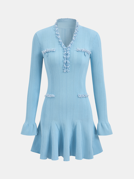 Ruffled Hem Pearl Trim Knit Mini Dress | COMMENSE