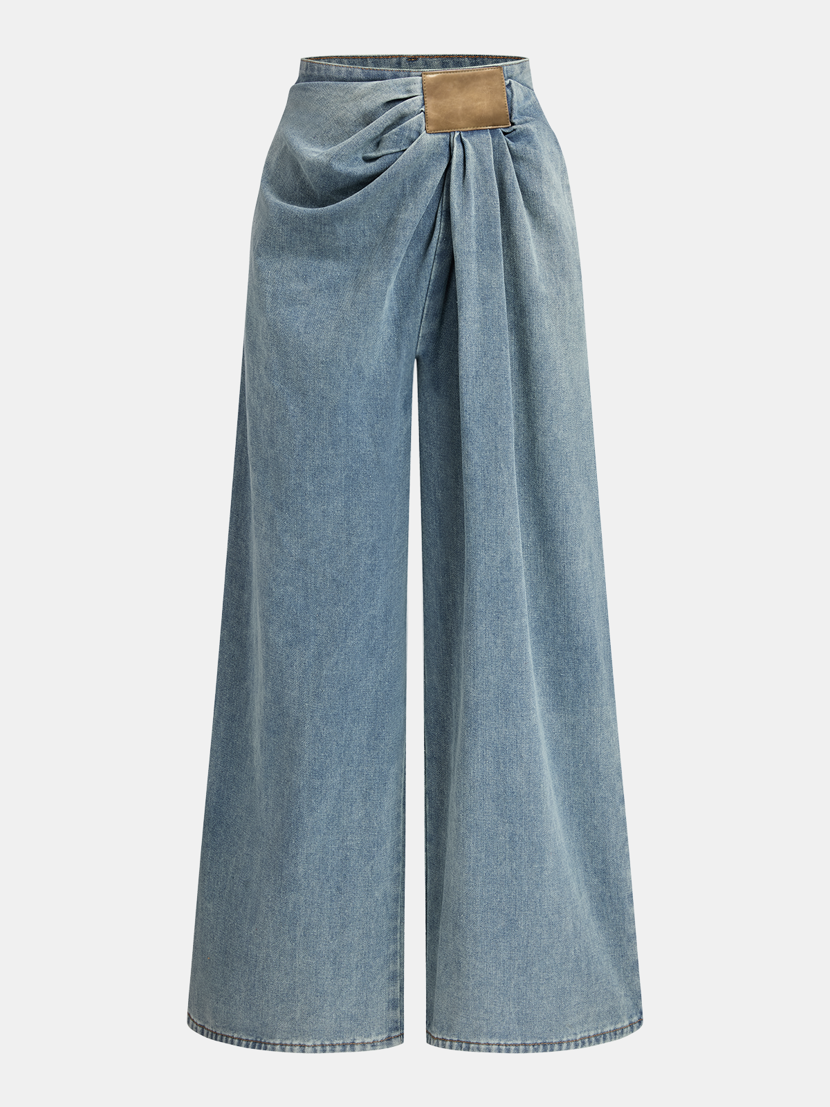 COMMENSE Asymmetrical Ruched Denim Wide-Leg Pants