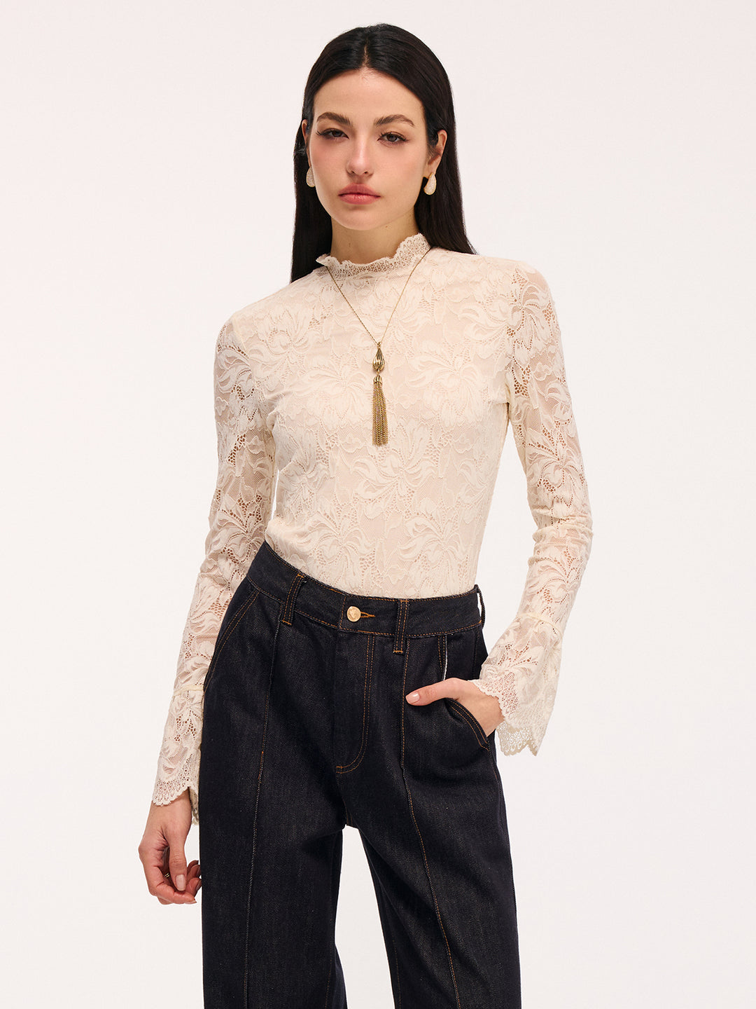 Lace Flared-Sleeve Mock Neck Bodysuit | COMMENSE