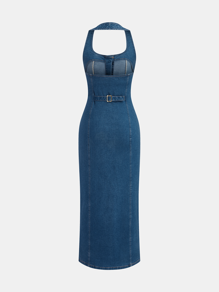 commense denim dress Pocketed Belted Denim Dress