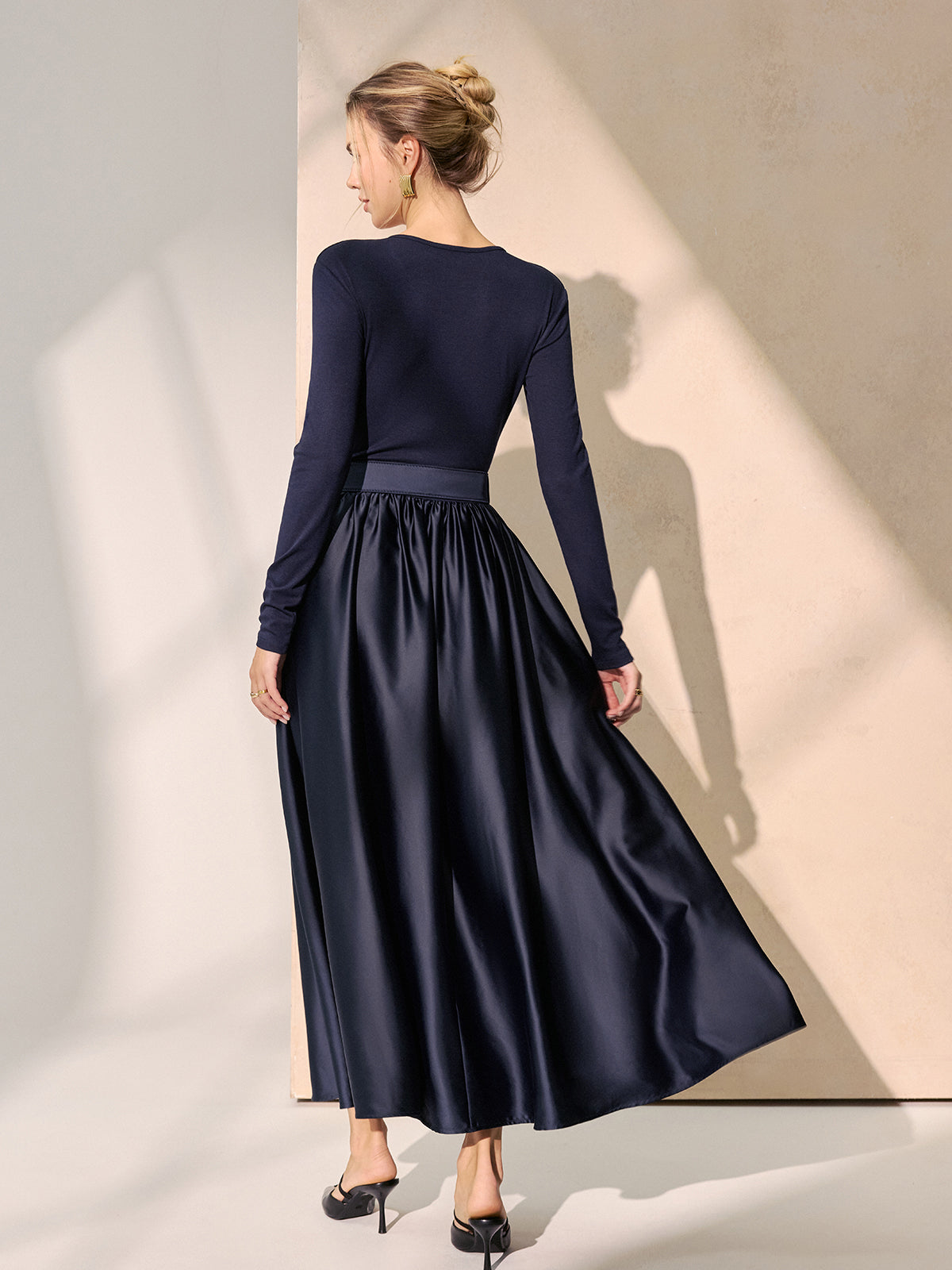 Belted satin panel v-neck long sleeve maxi dress - Navy - S - Commense Belted satin panel v-neck long sleeve maxi dress - Navy - S - Commense