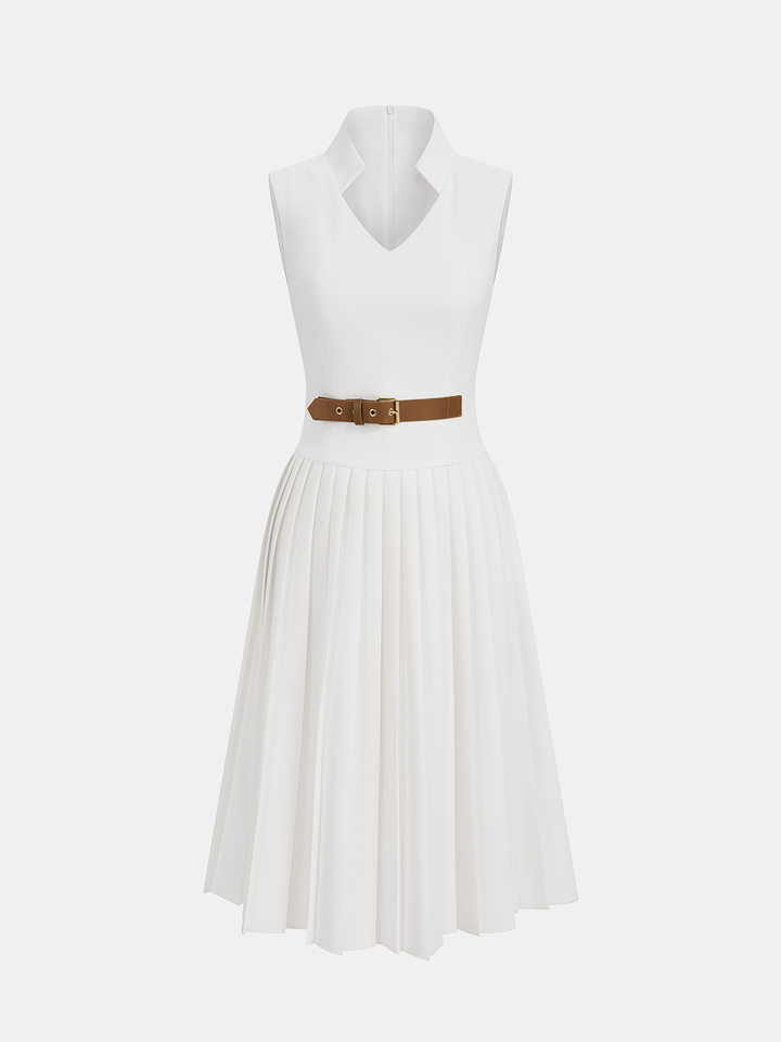 white dress with belt Belted sleeveless pleated collared dress - White