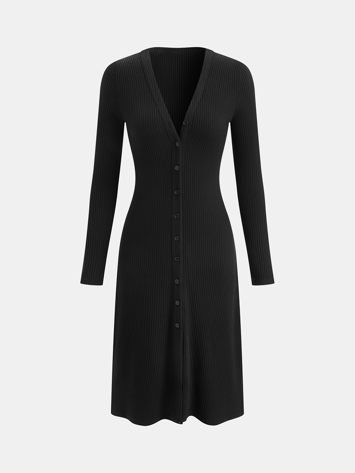 long sleeve ribbed button dress Long Sleeve Rib Knit Button Down Midi Dress