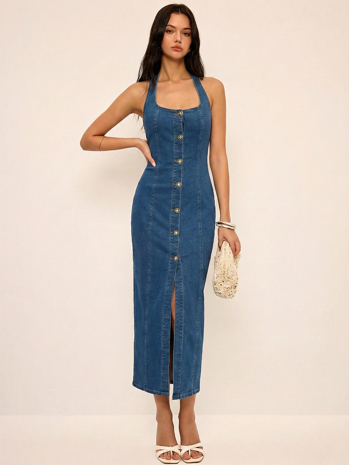 Denim halter button front maxi dress - Blue