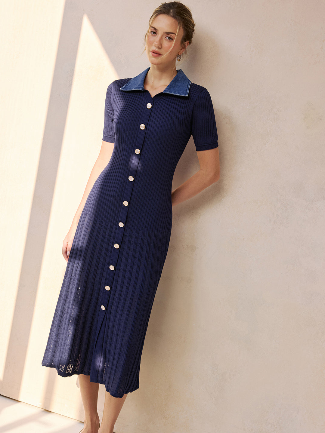 commense denim dress collar ribbed knit midi - Navy Short Stretch Color:Columbia HR-CX Chic Short Royal Blue