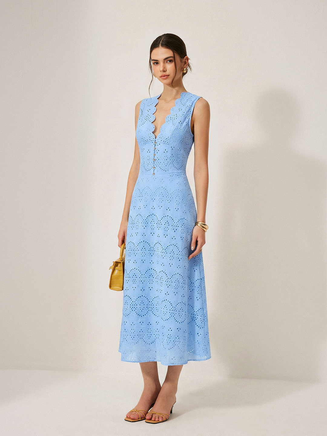 Cotton sleeveless embroidered eyelet dress with deep v neck - Blue - L