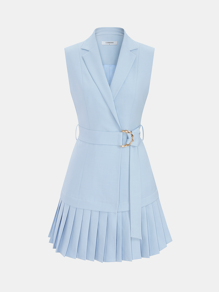 Belted pleated sleeveless blazer mini dress - Blue