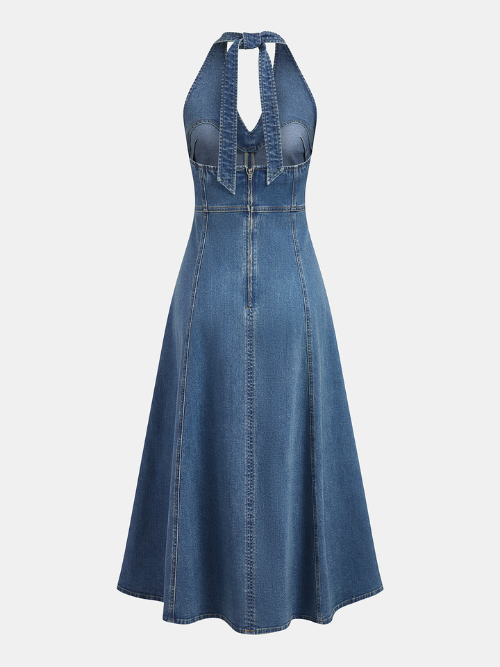 commense denim dress Halter Backless Midi YGroup_RMV092T 8.5% Polyester Organic Cotton Cinched-Waist Dress Denim mini dress Size:5/39