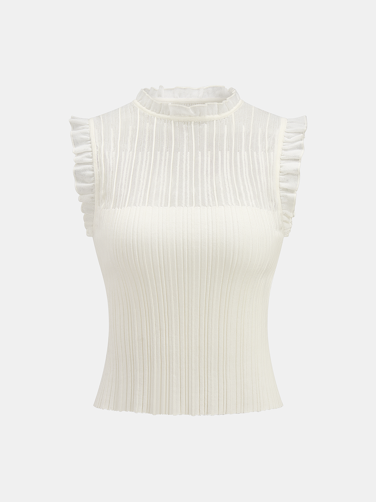 Ruffled Wool Blend Sheer Ribbed Knit Top | COMMENSE