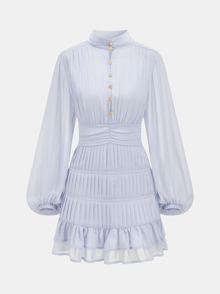Pleated Button Long Sleeve Ruffled Mini Dress