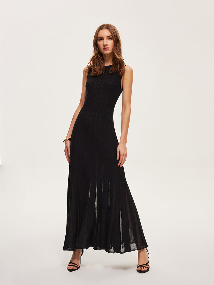 Semi-sheer mesh flared dress without belt - Black - L