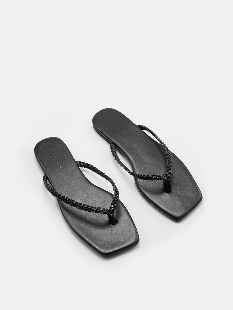 Cow Leather Square Toe Braided Thong Flip-Flops | COMMENSE