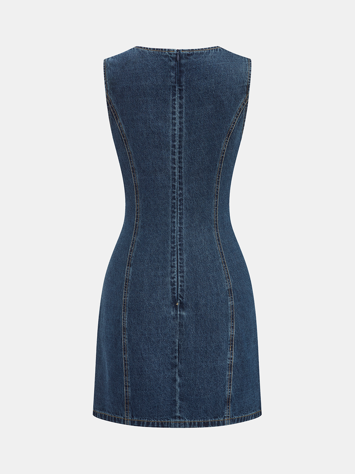 Sleeveless v-neck denim mini dress - Blue