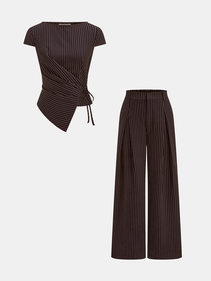 Pinstripe Wrap Tie Top & Wide-Leg Pants Set | COMMENSE