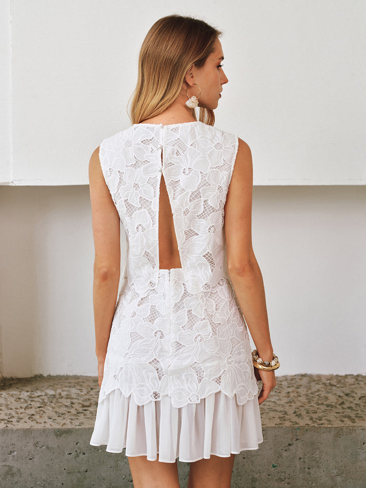Sleeveless Floral Lace Ruffled Mini Dress | COMMENSE