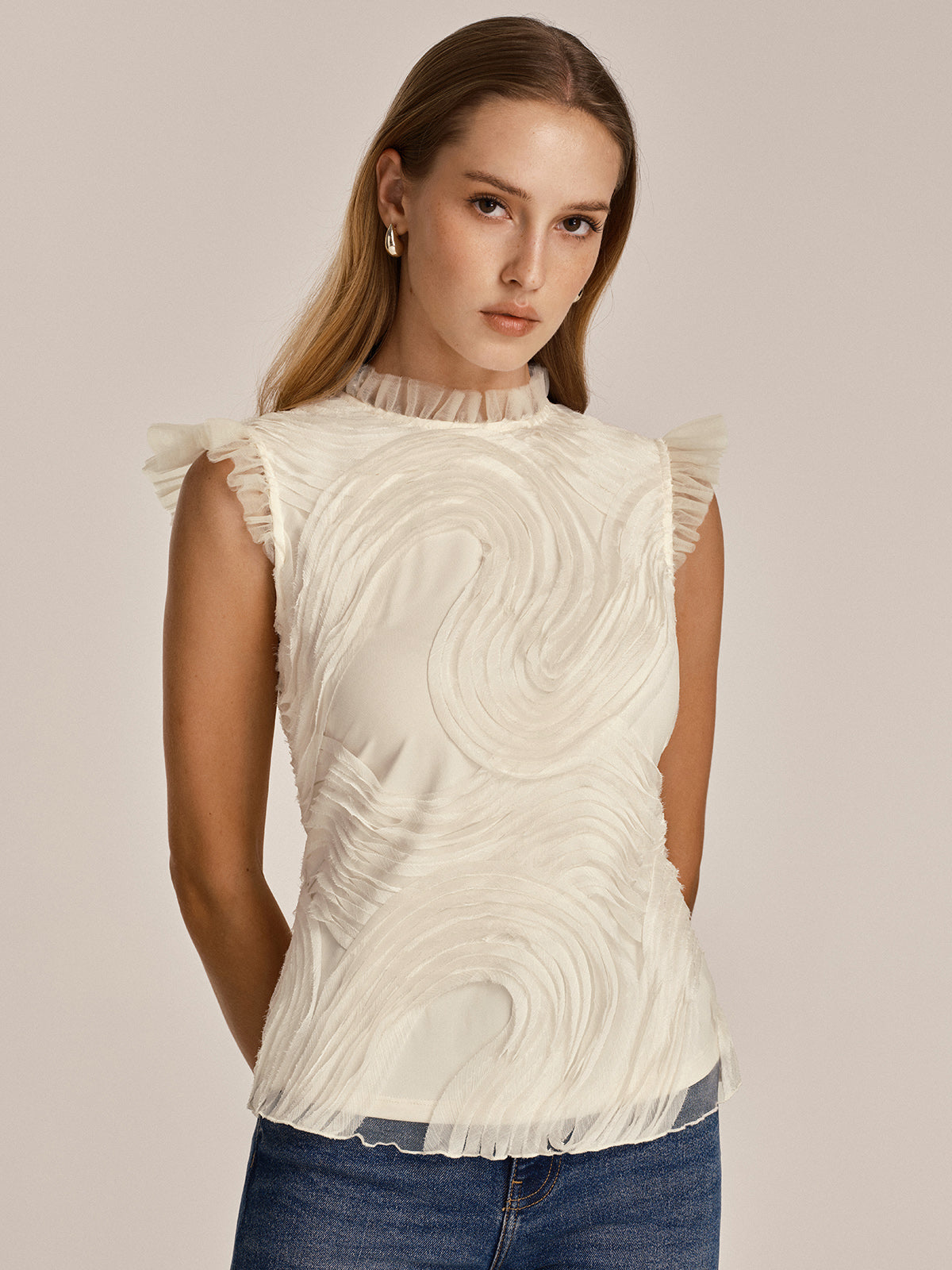 Txtrd Ruffle Top Textured Ruffled Mesh Tank Top | COMMENSE