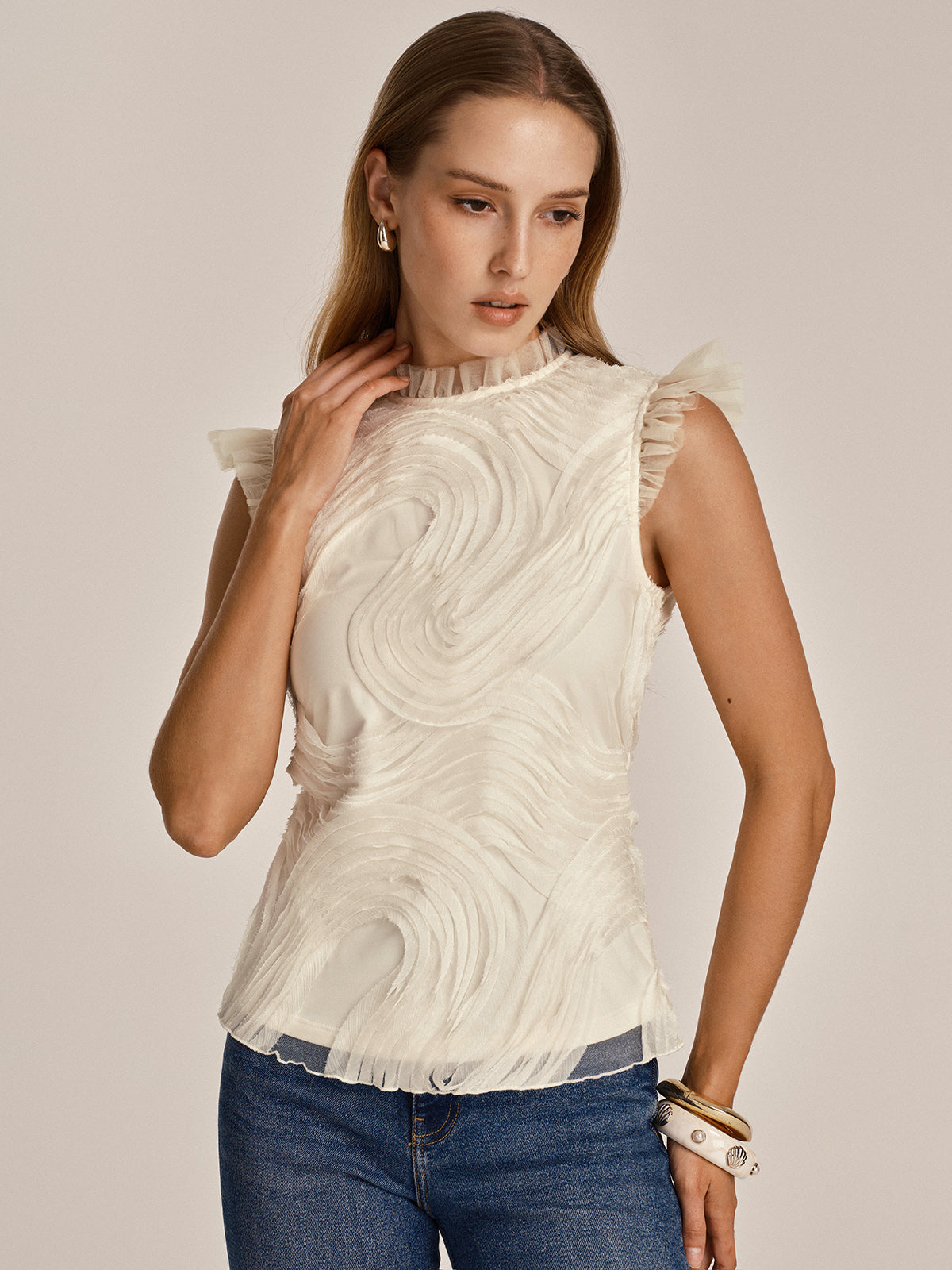 Txtrd Ruffle Top Textured Ruffled Mesh Tank Top | COMMENSE
