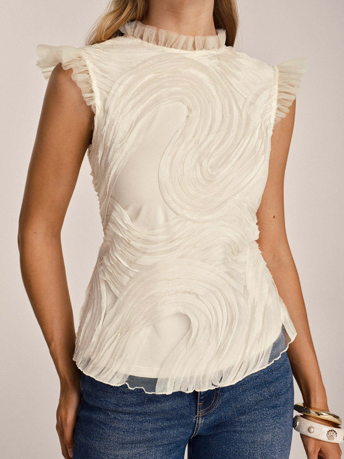 Txtrd Ruffle Top Textured Ruffled Mesh Tank Top | COMMENSE