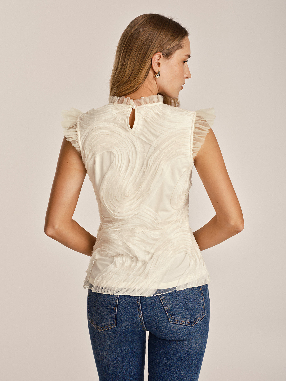 Txtrd Ruffle Top Textured Ruffled Mesh Tank Top | COMMENSE