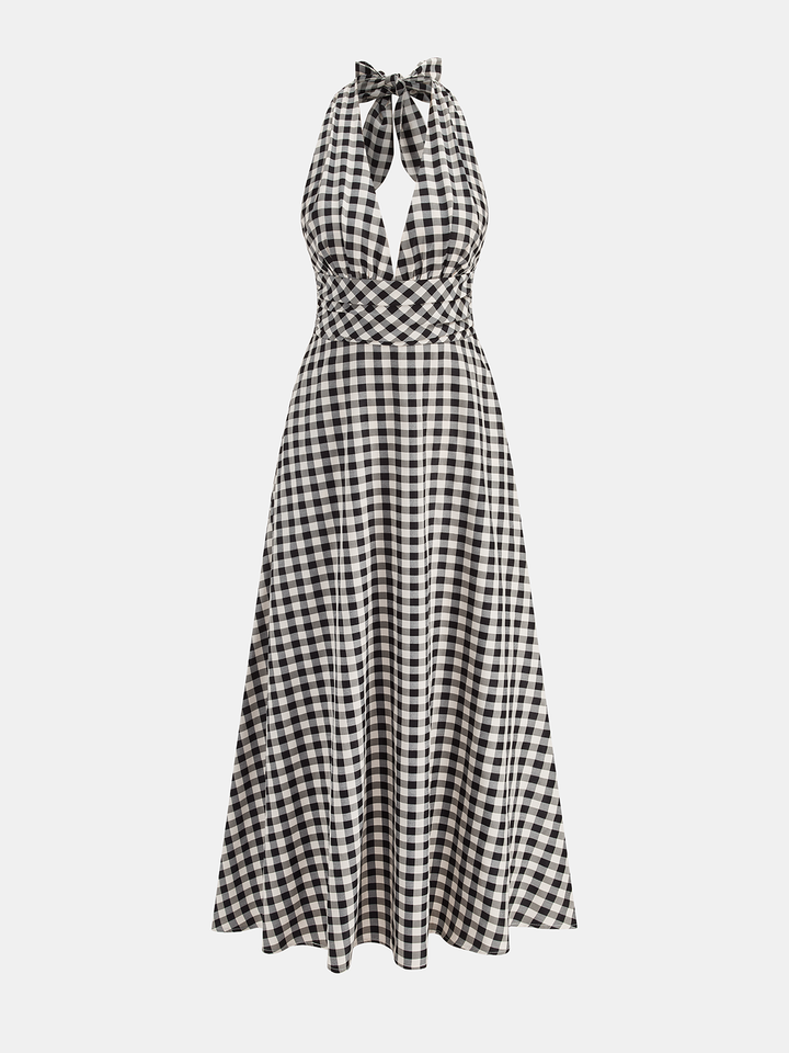 Gingham Halter Cotton Blend Maxi Dress