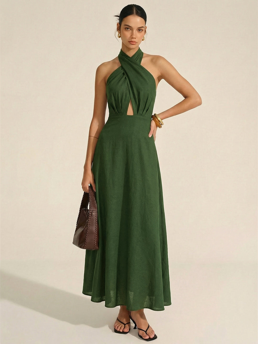 Cotton linen halter neck cut-out maxi dress - Green - L