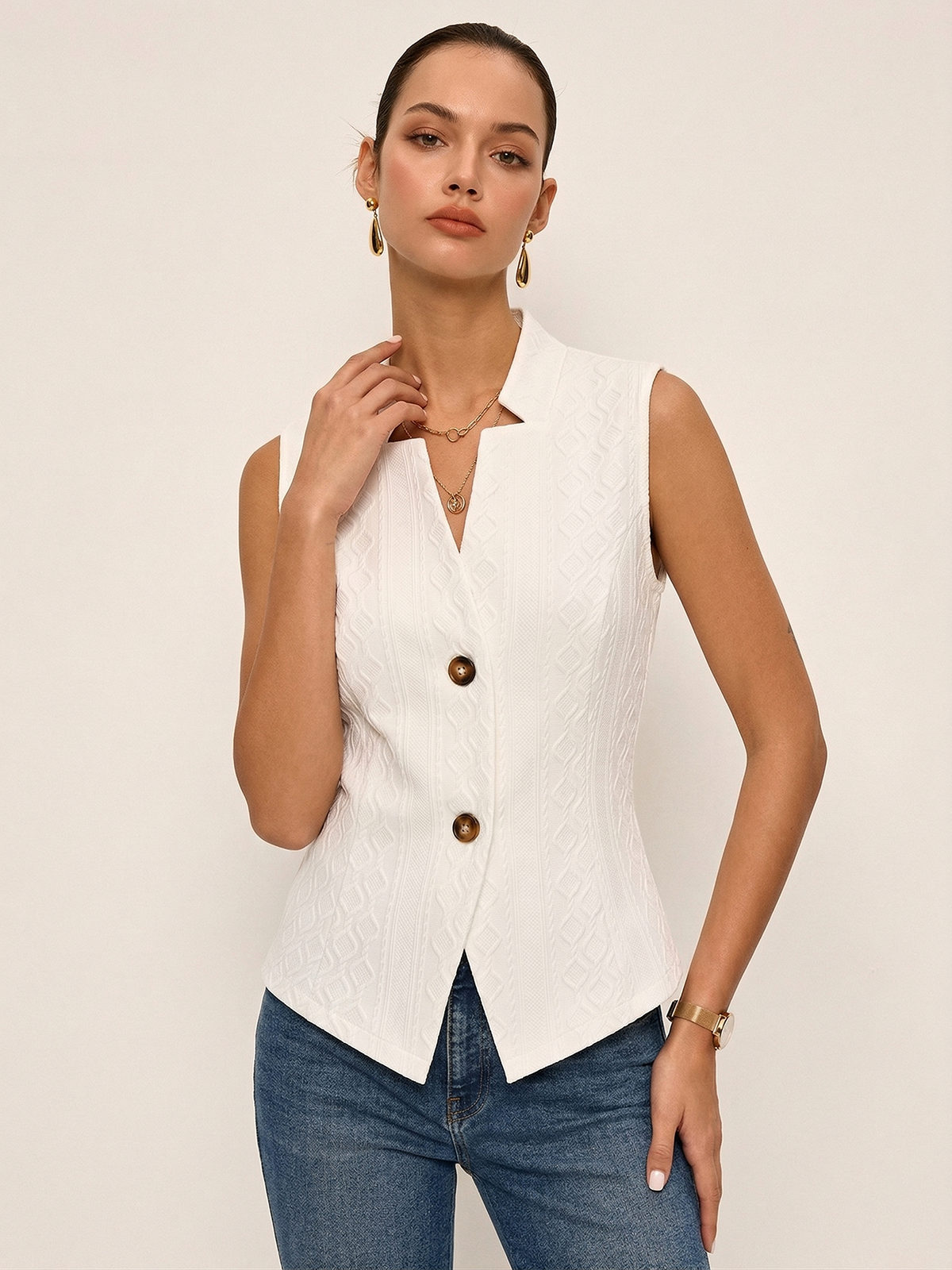 Textured Stand Collar Button Front Vest | COMMENSE
