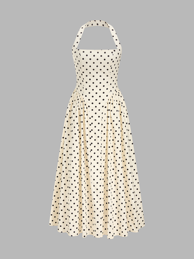 Polka dot halter neck maxi dress - Beige - XS