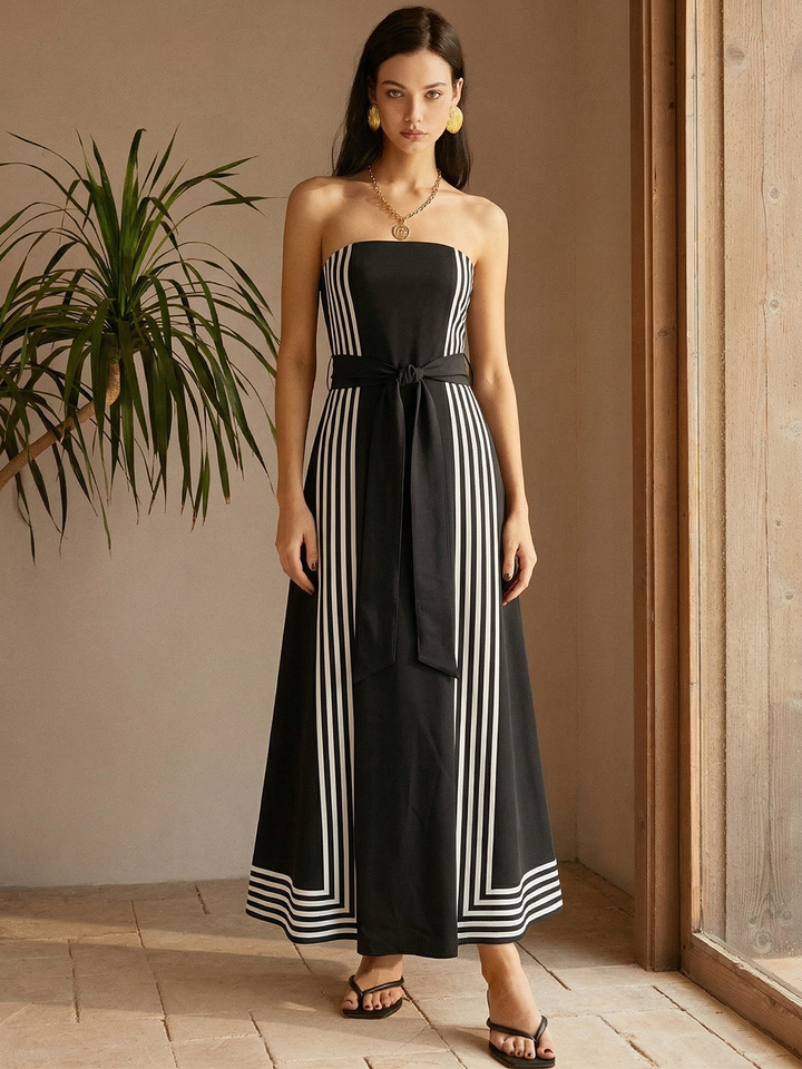 black and white striped strapless maxi dress Strapless striped belted midi dress - Black - S