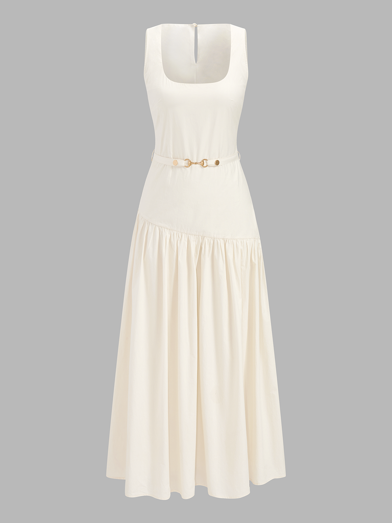 Sleeveless Belted Square Neck Maxi Dress | COMMENSE