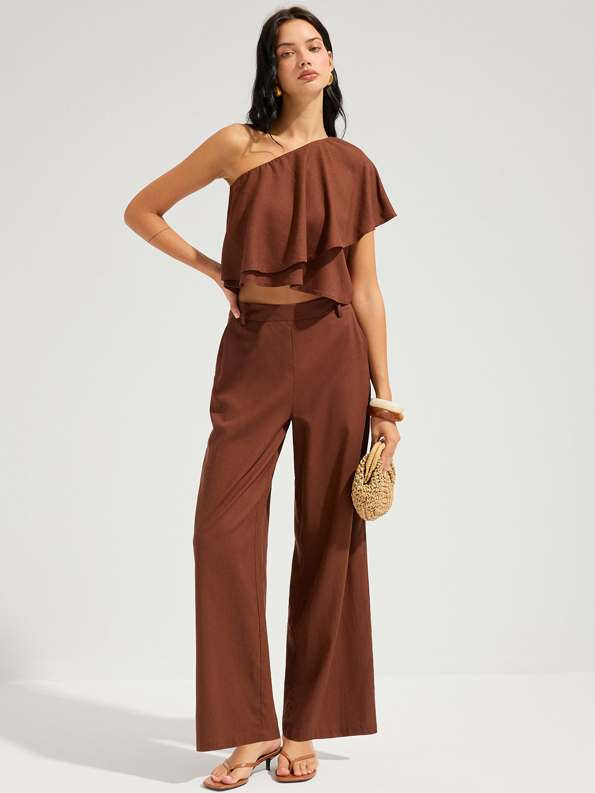 Linen-Blend One-Shoulder Ruffle Top & Pants Set | COMMENSE