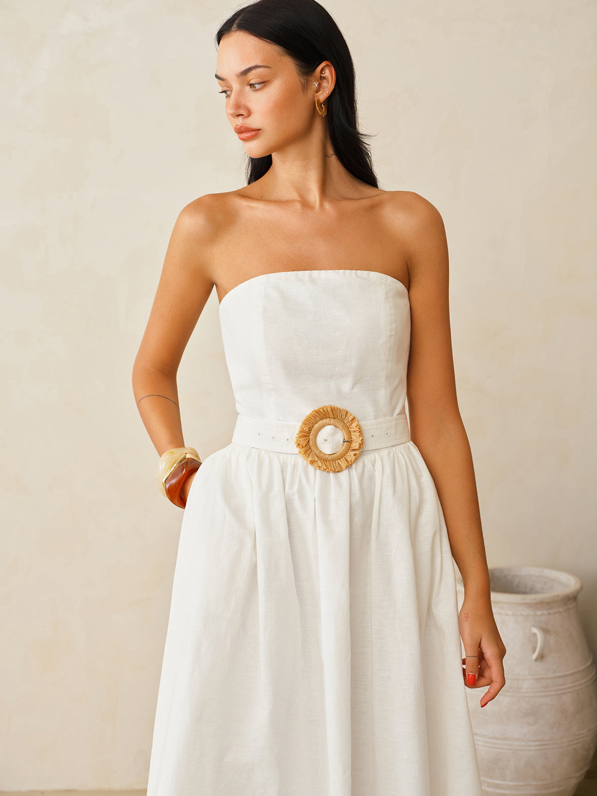 linen belted maxi dress Brown Linen Maxi Dress - Ruffle Scoop Neckline and Belted Waist c1786