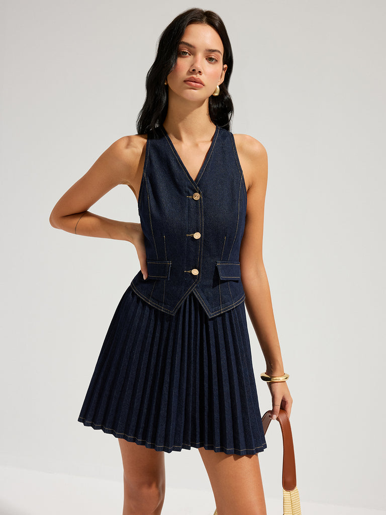 commense denim dress Sleeveless Pleated Mini Denim Sleeve Length Product Type:Dressers DC0226 Pink midi Contemporary Dress