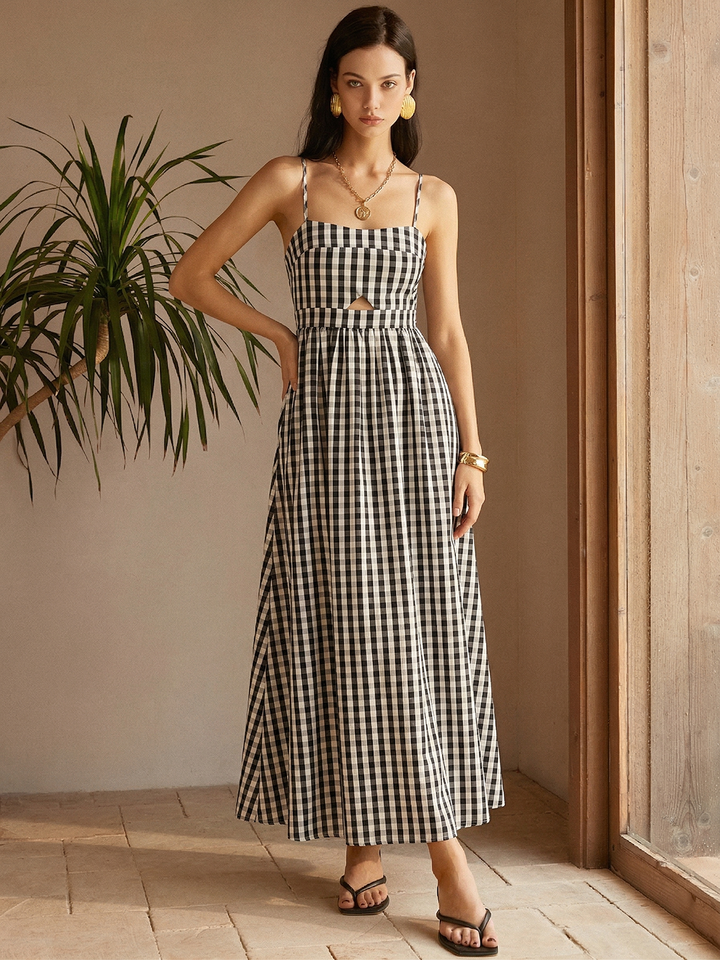 Gingham cotton blend cutout cami maxi dress - BlackandWhite - XL