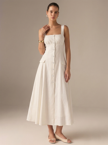 Cotton Blend Button-Front Maxi Dress