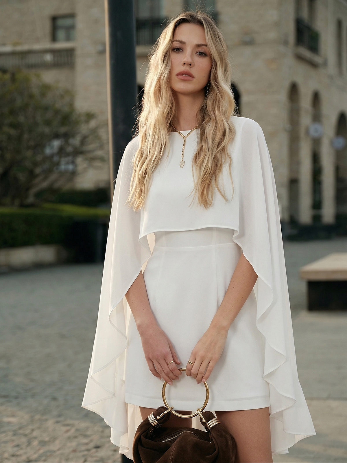 Cape overlay cami mini dress two piece set - White