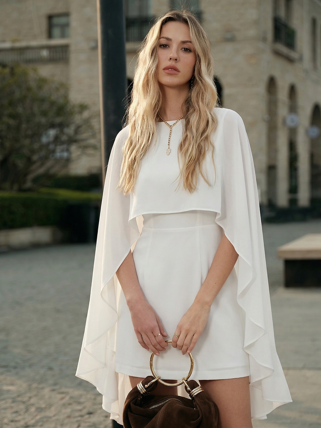 short white cape dress Elizabeth K GS3089 Glitter Cape Dress